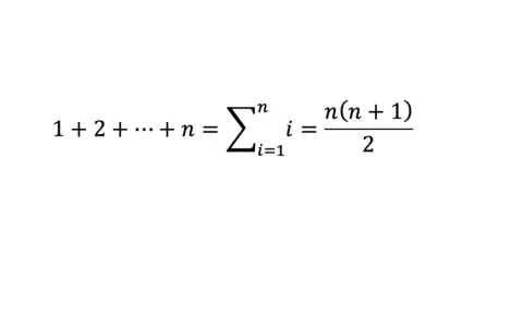 La formule de la somme des n premiers entiers, utilisant le symbole sigma (sommation) en maths : 1+2+...+n = Σ(i=1 à n) i = n(n+1)/2.