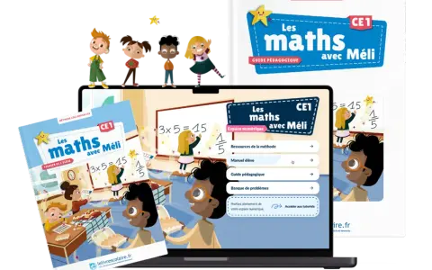 Des livres et un écran d'ordinateur présentent la méthode "Les maths avec Méli" pour le CE1, avec des illustrations d'enfants joyeux apprenant les mathématiques.