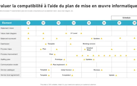 Matrice de compatibilité d'un plan de mise en œuvre informatique, montrant les éléments clés et leur progression sur un calendrier.