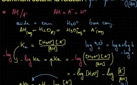 Dérivation de la formule ka montrant la relation entre pH, pKa et les concentrations d'acide et de sa base conjuguée.