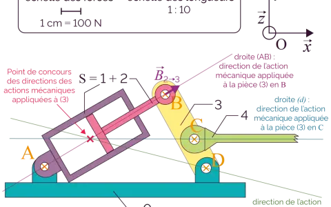 Schéma d'un mécanisme avec le bilan des forces. Échelles de forces et de longueurs indiquées. Vecteur B2->3.