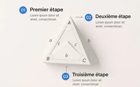 Illustration d'un triangle avec des lettres et des arcs, expliquant la formule sinus en trois étapes.