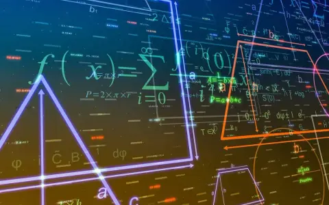 Formules de maths terminale flottant dans l'espace, avec des formes géométriques lumineuses et des chiffres.