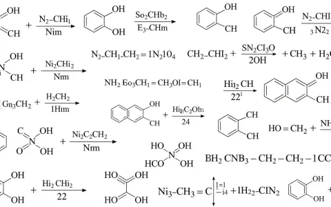 Diverses réactions chimiques, dont une équation de combustion, montrant des molécules organiques et des réactifs.