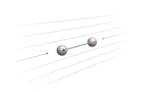 Un dipôle électrique, une sphère positive et une sphère négative reliées, est placé dans un champ électrique représenté par des lignes parallèles.