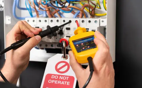 Un électricien vérifie la tension nominale d'un tableau électrique avec un indicateur de tension jaune. Une étiquette "DO NOT OPERATE" est visible.