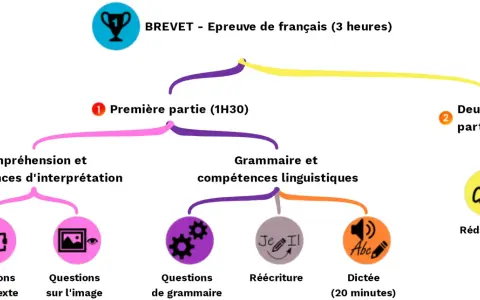 Schéma de l'épreuve de français du brevet : 1ère partie (compréhension, grammaire) et 2ème partie (rédaction).
