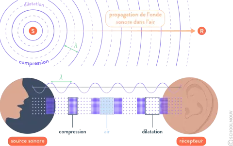 Illustration de la propagation d'une onde sonore, montrant compression et dilatation de l'air, avec une source et un récepteur. L'intensité sonore est représentée par la densité des points.