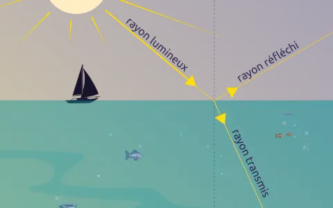 Le soleil projette un rayon lumineux sur l'eau. Une partie est réfléchie, l'autre est transmise, éclairant des poissons.