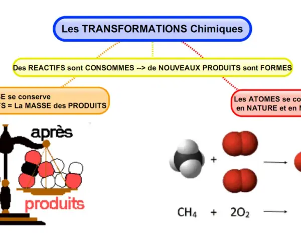 Schéma illustrant les transformations chimiques : réactifs consommés, nouveaux produits formés, masse conservée et atomes préservés.