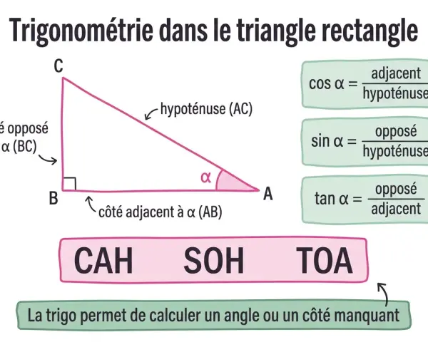 Triangle rectangle avec définitions du sinus, cosinus et tangente. CAH SOH TOA pour mémoriser.