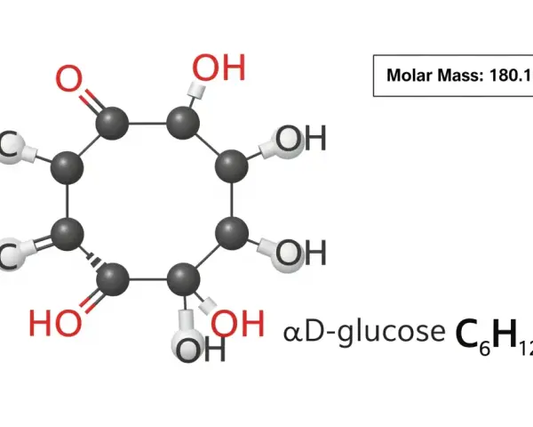 Représentation de la formule chimie de l'alpha-D-glucose, une molécule de sucre. Masse molaire : 180.16 g/mol.
