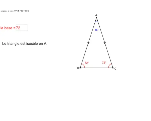 Triangle isocèle ABC avec angles à la base de 72° et angle au sommet de 36°.