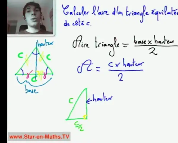 Calcul de l'aire d'un triangle isocèle. La formule est base x hauteur / 2. Un élève explique la démarche.
