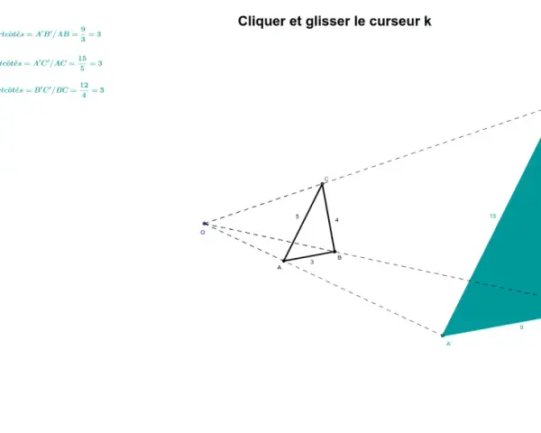 Illustration de la homothétie def : deux triangles, l'un plus petit (ABC) et l'autre plus grand (A'B'C'), partageant un centre de projection. Les rapports des côtés sont égaux à 3.