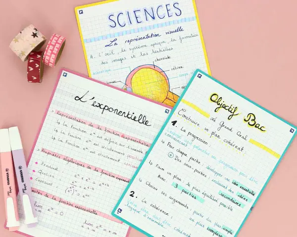Cahiers de révision seconde : sciences, fonction exponentielle, et objectif bac. Notes manuscrites et surligneurs.