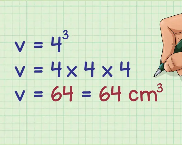 Calcul de l'aire d'un cube : V = 4³ = 4x4x4 = 64 cm³.