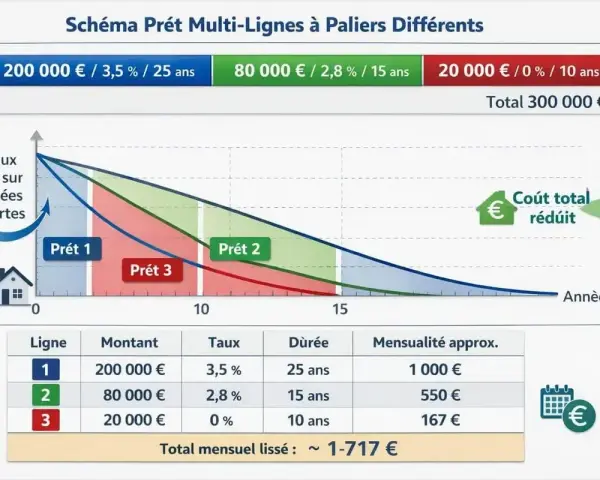 Schéma de prêt multi-lignes illustrant les mathématiques financières avec des taux dégressifs sur la durée.