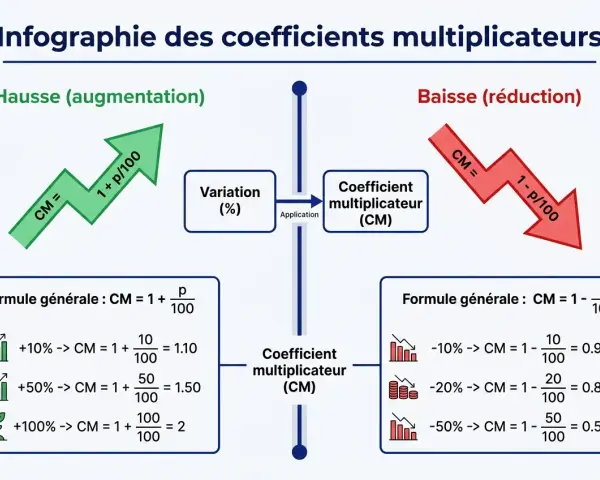 Infographie montrant comment calculer un pourcentage de baisse avec des exemples concrets.