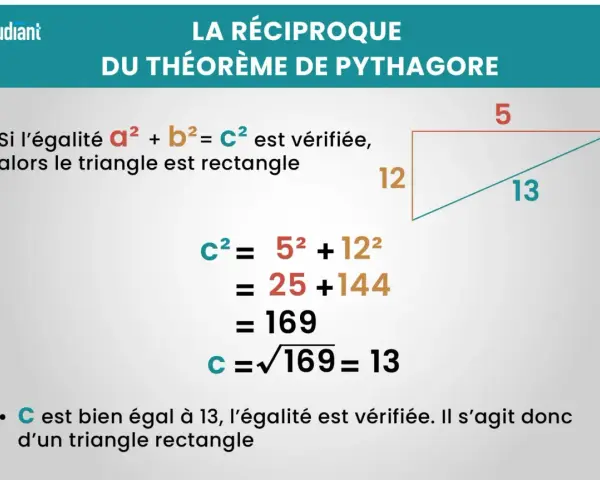 Exemple de la réciproque du théorème de Pythagore : un triangle avec des côtés de 5, 12 et 13 est bien rectangle car 5² + 12² = 13².