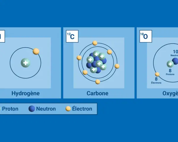 Illustrations d'atomes d'hydrogène, carbone et oxygène, montrant la variation du nombre de neutrons, une illustration de la définition d'isotope.