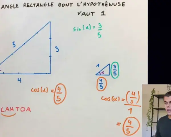 Triangle rectangle avec hypoténuse 5, côté adjacent 4, côté opposé 3. Calcul de cosinus.
