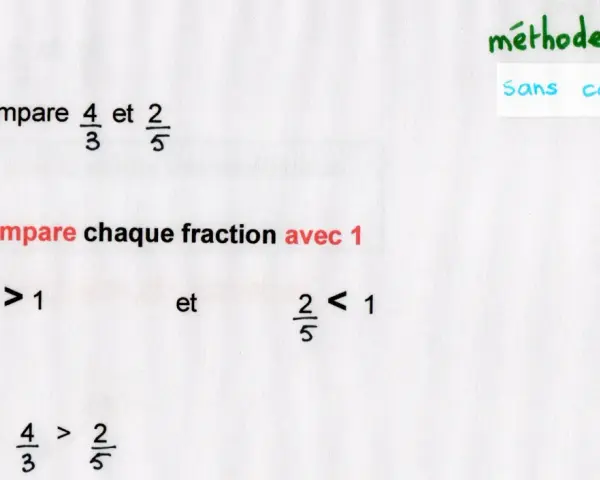 Pour comparer des fractions, on les compare à 1. Ici, 4/3 > 1 et 2/5 < 1, donc 4/3 > 2/5.