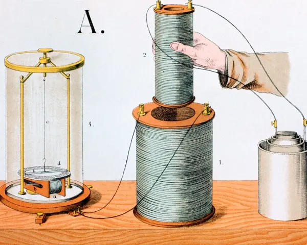 Illustration d'une expérience d'induction électromagnétique : une bobine est déplacée près d'une autre, connectée à une pile.