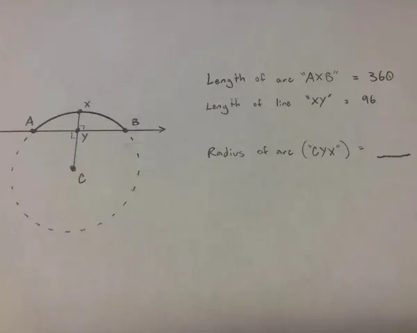 Un arc de cercle AXB, de longueur 360, est dessiné au-dessus d'une ligne. Le segment XY, de longueur 96, est perpendiculaire à la ligne.