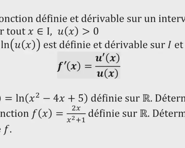 Théorème sur la dérivée de ln(u(x)) : f'(x) = u'(x)/u(x). Exemples d'application.