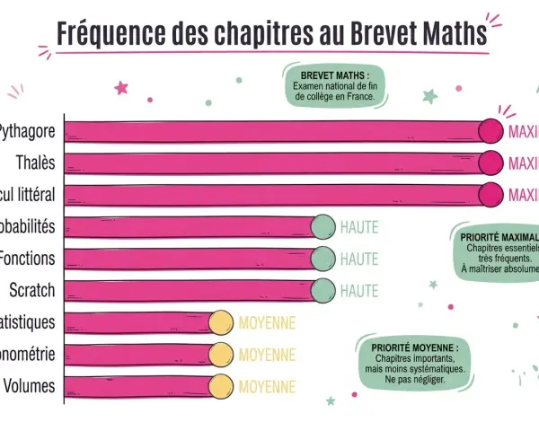 Fréquence des chapitres au Brevet Maths : priorité maximale pour Pythagore, Thalès, Calcul littéral. Correction brevet maths essentielle.