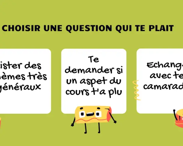 Trois options pour un sujet oral : lister des thèmes, demander ce qui a plu, ou échanger avec des camarades.