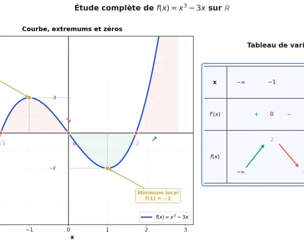 Étude de la fonction mathématique f(x) = x³ - 3x : courbe, extremums, zéros et tableau de variation.