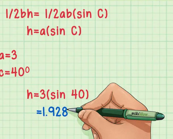 Calculer la hauteur d'un triangle : une main écrit la formule h=a(sin C) et applique les valeurs a=3, c=40°, pour obtenir h=1.928.