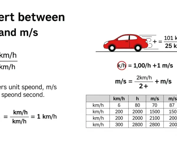 Explication du calcul km/h et m/s avec des formules et un tableau de conversion.