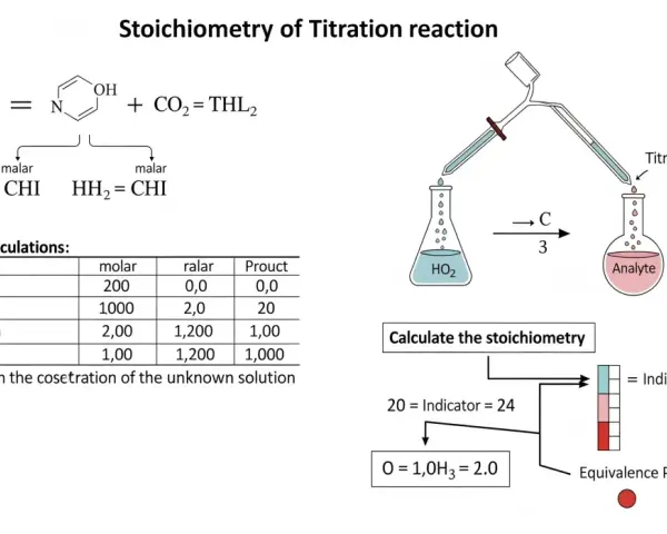 Schéma illustrant une réaction de titrage, avec une formule chimique, un tableau de calculs et un schéma de titrage pour déterminer le rapport stoechiométrique.