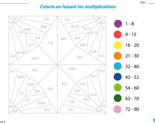 Feuille d'exercices pour apprendre la table de 9 multiplication. Les calculs sont dans des zones à colorier selon un code couleur.