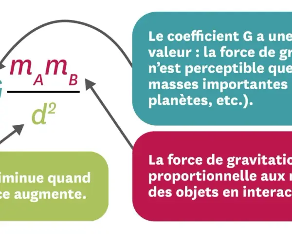 La formule de la force gravitationnelle Fg = G * (mA * mB) / d² explique comment la force de gravitation dépend des masses et de la distance.