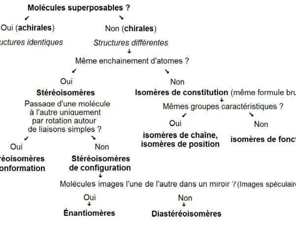 Diagramme de classification des isomères. Les molécules chirales peuvent être des énantiomères (images spéculaires non superposables) ou des diastéréoisomères.