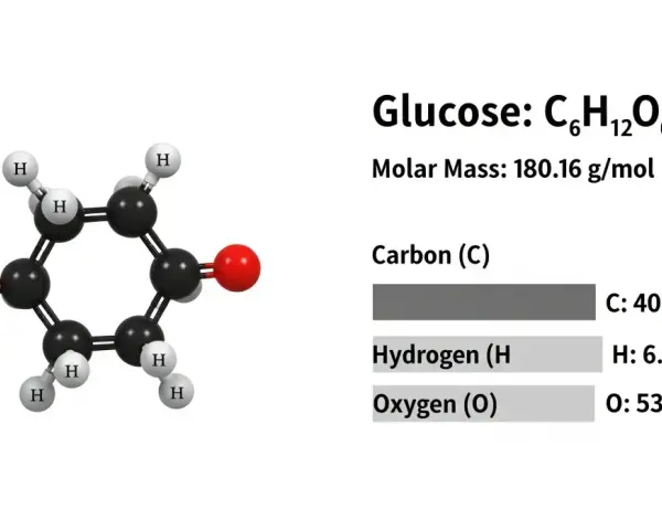 Structure moléculaire du glucose (C₆H₁₂O₆) avec sa masse molaire et la composition élémentaire, utile pour calculer la concentration molaire.