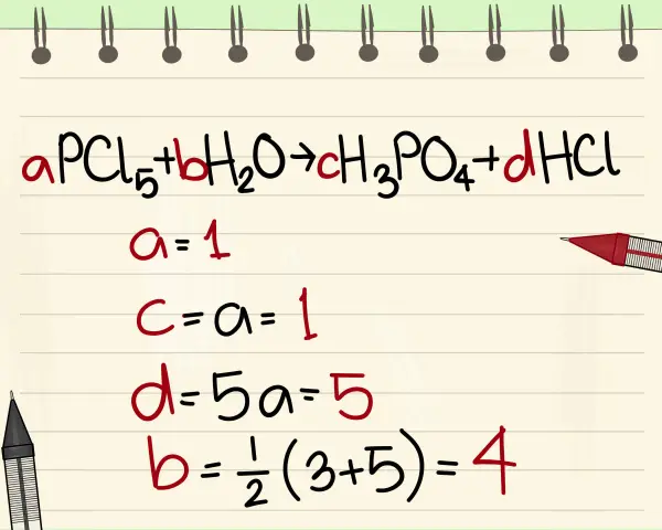 Équation de réaction chimique : aPCl₅ + bH₂O → cH₃PO₄ + dHCl. Les coefficients a=1, c=1, d=5, et b=4 sont calculés.