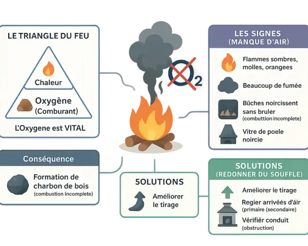 Le feu produit de la fumée et des flammes molles, signe d'une combustion incomplète. Pour y remédier, il faut améliorer le tirage.
