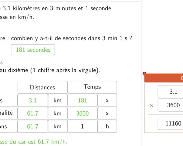 Calcul de la distance parcourue par une voiture. Le tableau montre la conversion des unités pour trouver la vitesse en km/h.