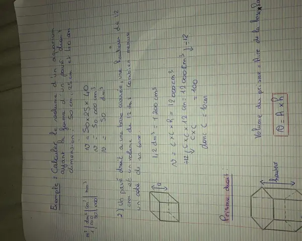 Calcul du volume d'un pavé droit : un aquarium de 50x25x40 cm. Le volume est de 50 000 cm³.