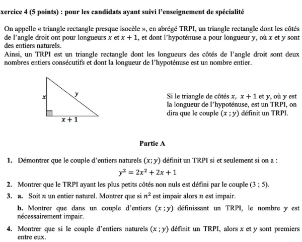 Exercice de maths pour le sujet bac maths 2026 : un triangle rectangle presque isocèle (TRPI) avec côtés x, x+1 et hypoténuse y.