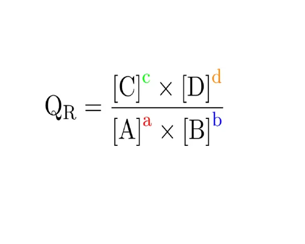 La formule du quotient de réaction QR, représentant les concentrations des produits [C] et [D] divisées par celles des réactifs [A] et [B], élevées à leurs coefficients stœchiométriques respectifs.