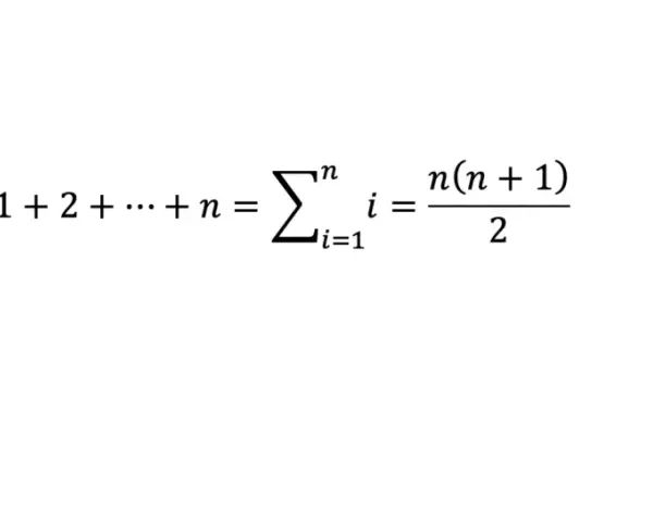 La formule de la somme des n premiers entiers, utilisant le symbole sigma (sommation) en maths : 1+2+...+n = Σ(i=1 à n) i = n(n+1)/2.