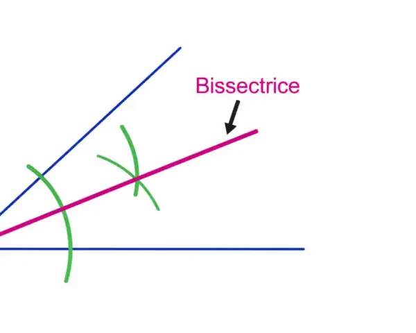 Construction de la bissectrice d'un angle. Deux arcs de cercle verts indiquent le point d'intersection, formant la bissectrice rose.