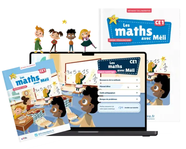 Des livres et un écran d'ordinateur présentent la méthode "Les maths avec Méli" pour le CE1, avec des illustrations d'enfants joyeux apprenant les mathématiques.