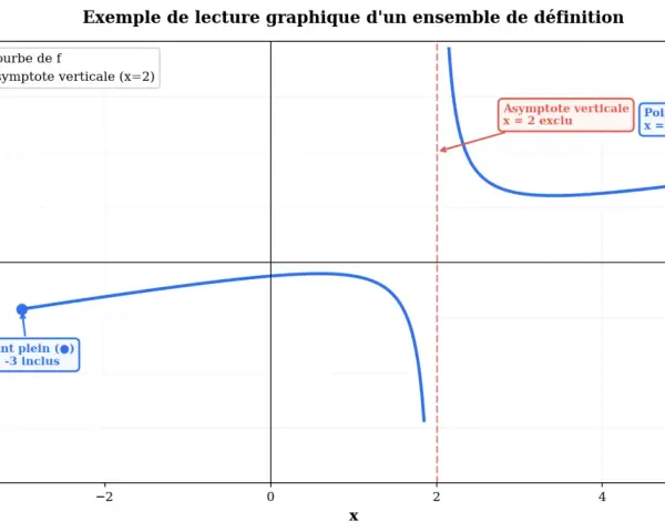 Graphique montrant une courbe avec une asymptote verticale en x=2. Un point plein à x=-3 et un point creux à x=5 illustrent l'ensemble de définition.